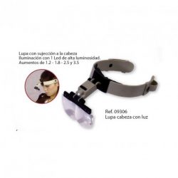 Lupa para cabeza, profesional con luz de cuatro lentes intercambiables. Sujeccion abierta instantanea. Lentes de 1,2-1,8-2,5-3,5 aumentos. Marca Chaves. Ref: 09306.