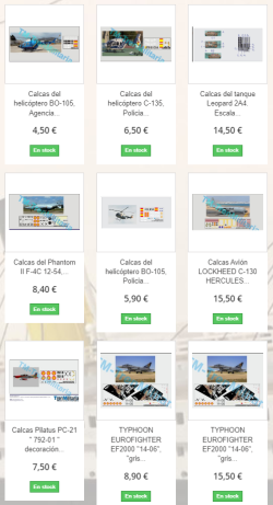 CALCAS TRENMILITARIA - sección con multitud de calcas de la marca para todo tipo de modelos, helicópteros, cazas, aviones, blindados, carros de combate, etc