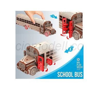 Autobús Escolar 107 pz, madera contrachapada, Kit de montaje. Marca Mr.playwood. Ref: 10107