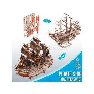 Barco Pirata "Mad Treasure" 156 piezas, madera contrachapada, Kit de montaje. Marca Mr.playwood. Ref: 10111