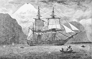 El HMS Beagle en el estrecho de Magallanes. Ilustración para la revista The Popular Science Monthly, mayo de 1900.