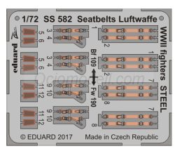 Cinturones de seguridad Luftwaffe WWII fighters, STEEL. Escala: 1:72. Marca Eduard. Ref: SS582, son elementos esenciales para dar realismo a las maquetas de aviones a escala. En este caso, nos encontramos con el set de fotograbados de cinturones de seguridad fabricados