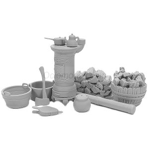 Estufa de leña y accesorios. Escala 1:35. Marca Macone. Ref: MAC35220. kit detallado y de alta calidad que ofrece una reproducción fiel de una estufa de leña tradicional junto con una variedad de accesorios que complementan esta escena doméstica 2 Estufa de leña y accesorios. Escala 1:35. Marca Macone. Ref: MAC35220