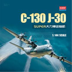 Avión C-130J-30 Super Hercules. Escala 1:144. Marca Academy. Ref: 12631, es una versión alargada del exitoso avión de transporte militar C-130 Hercules. Este modelo en particular destaca por su capacidad de carga extendida, ofreciendo un rendimiento super