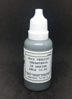 Gris Verdoso Infantería de Marina años 70-80. Bote 17 ml. Marca BMR MODELS. Ref:GVIM, con un conveniente cuenta gotas que ayuda a evitar la evaporación y el secado de la pintura