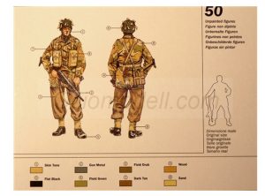 Paracaidistas británicos. Escala 1:72. Marca Italeri. Ref: 6034, contiene 50 figuras de paracaidistas británicos en diferentes poses y uniformes, ofreciendo una variedad para dar realismo a tus maquetas.