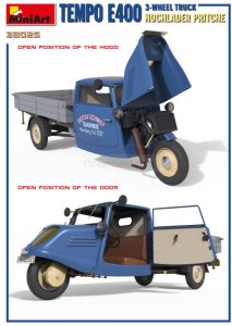 TEMPO E400 HOCHLADER PRITSCHE 3-WHEEL TRUCK. Escala 1:35. Marca Miniart. Ref: 38025, vehículo utilitario alemán utilizado durante la Segunda Guerra Mundial para el transporte de carga en áreas urbanas y terrenos difíciles.