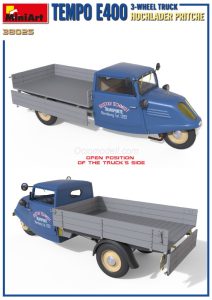 TEMPO E400 HOCHLADER PRITSCHE 3-WHEEL TRUCK. Escala 1:35. Marca Miniart. Ref: 38025, vehículo utilitario alemán utilizado durante la Segunda Guerra Mundial para el transporte de carga en áreas urbanas y terrenos difíciles.