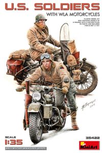 U.S. SOLDIERS WITH WLA MOTORCYCLES. Escala 1:35. Marca Miniart. Ref: 35422, fueron producidas por Harley-Davidson durante la Segunda Guerra Mundial para uso militar