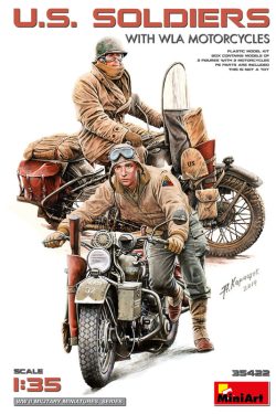 U.S. SOLDIERS WITH WLA MOTORCYCLES. Escala 1:35. Marca Miniart. Ref: 35422, fueron producidas por Harley-Davidson durante la Segunda Guerra Mundial para uso militar